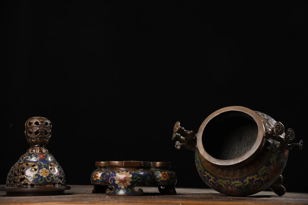 15"Tibetan Temple Collection Old Bronze Cloisonne Enamel Dragon Lotus pattern Incense burner Ornaments Town House Exorcism