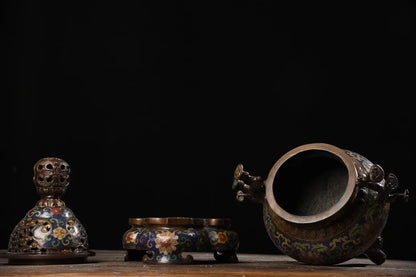 15"Tibetan Temple Collection Old Bronze Cloisonne Enamel Dragon Lotus pattern Incense burner Ornaments Town House Exorcism