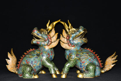 15"Tibetan Temple Collection Old Bronze Cloisonne Enamel Kirin turn back Unicorn A Pair Gather fortune Ornament Town house