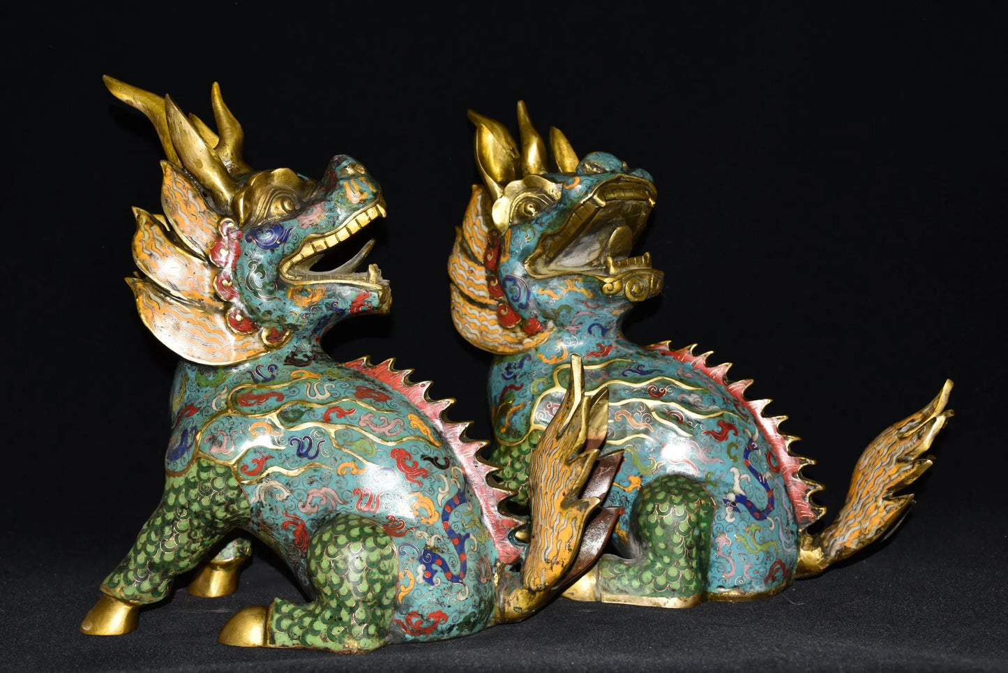 15"Tibetan Temple Collection Old Bronze Cloisonne Enamel Kirin turn back Unicorn A Pair Gather fortune Ornament Town house