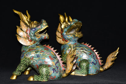 15"Tibetan Temple Collection Old Bronze Cloisonne Enamel Kirin turn back Unicorn A Pair Gather fortune Ornament Town house
