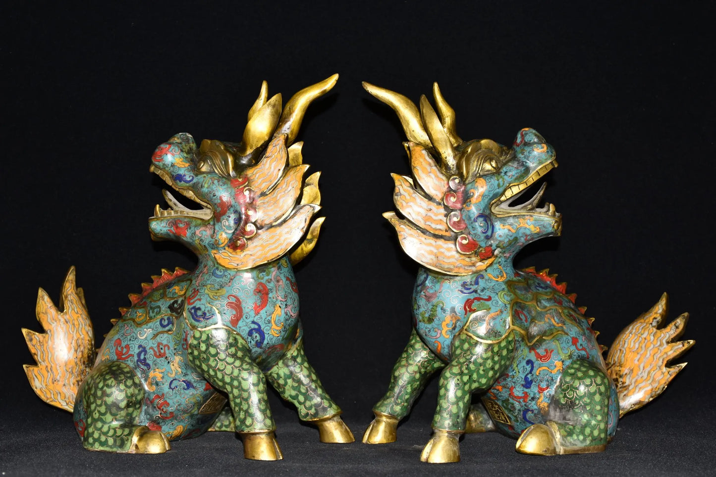 15"Tibetan Temple Collection Old Bronze Cloisonne Enamel Kirin turn back Unicorn A Pair Gather fortune Ornament Town house