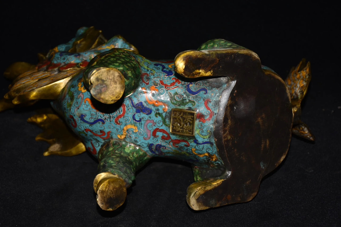 15"Tibetan Temple Collection Old Bronze Cloisonne Enamel Kirin turn back Unicorn A Pair Gather fortune Ornament Town house