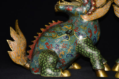 15"Tibetan Temple Collection Old Bronze Cloisonne Enamel Kirin turn back Unicorn A Pair Gather fortune Ornament Town house