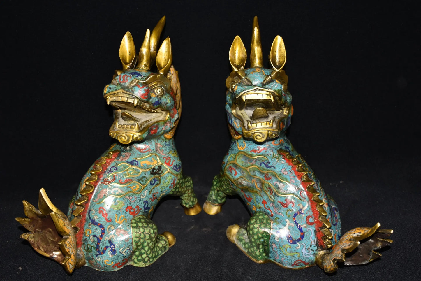 15"Tibetan Temple Collection Old Bronze Cloisonne Enamel Kirin turn back Unicorn A Pair Gather fortune Ornament Town house