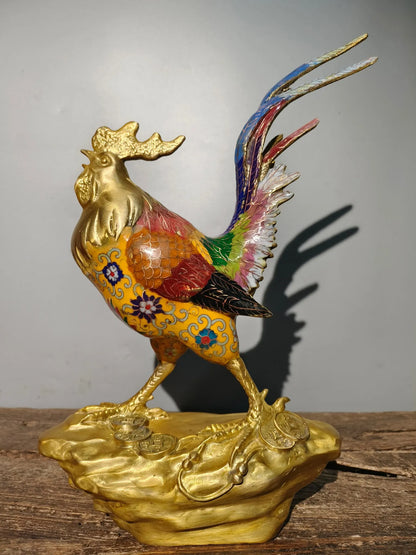 15"Tibetan Temple Collection Old Bronze Cloisonne Enamel Rooster Chicken independence Ornaments Amass wealth Town House