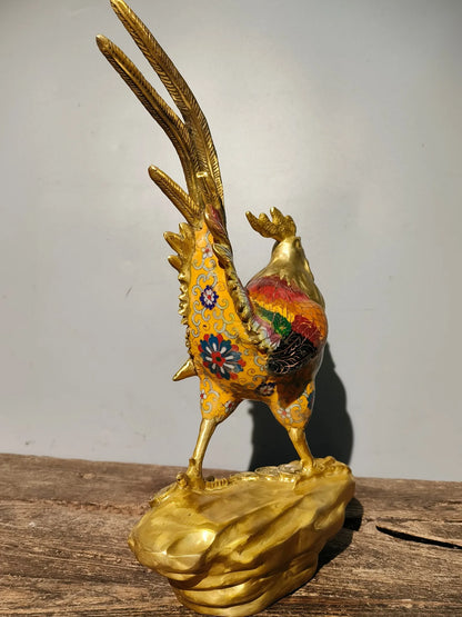 15"Tibetan Temple Collection Old Bronze Cloisonne Enamel Rooster Chicken independence Ornaments Amass wealth Town House
