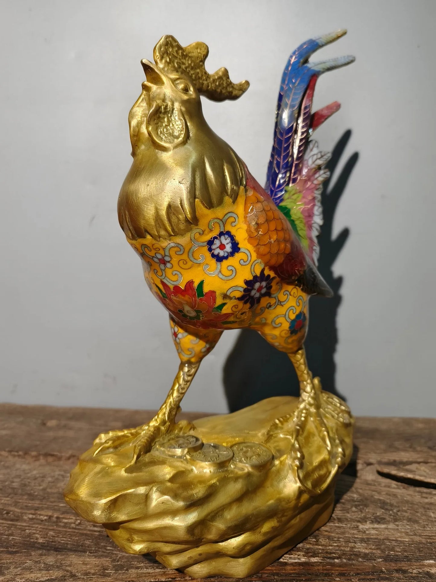 15"Tibetan Temple Collection Old Bronze Cloisonne Enamel Rooster Chicken independence Ornaments Amass wealth Town House