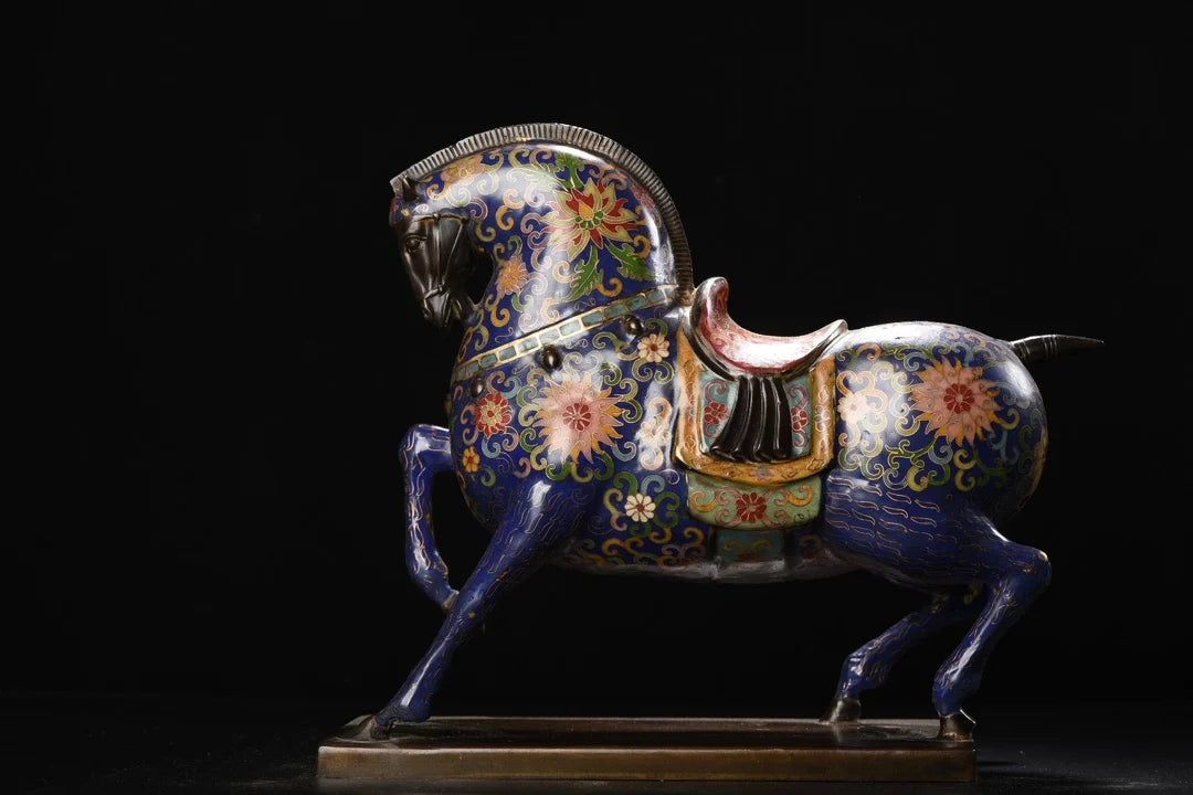 15"Tibetan Temple Collection Old Bronze Cloisonne Enamel Tang Ma Base Horse Statue Amass wealth Ornaments Town house Exorcism