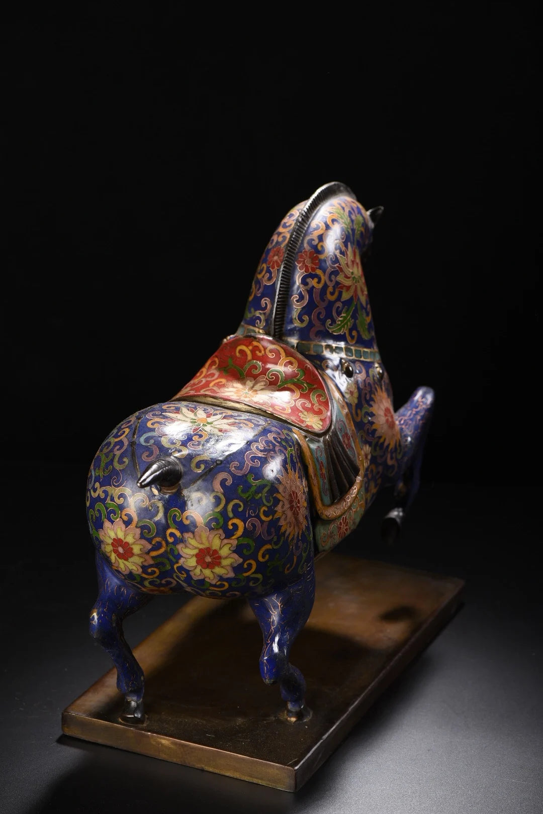15"Tibetan Temple Collection Old Bronze Cloisonne Enamel Tang Ma Base Horse Statue Amass wealth Ornaments Town house Exorcism
