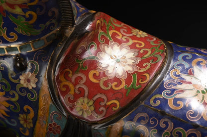 15"Tibetan Temple Collection Old Bronze Cloisonne Enamel Tang Ma Base Horse Statue Amass wealth Ornaments Town house Exorcism