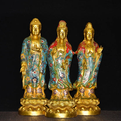 15"Tibetan Temple Collection Old Bronze Cloisonne Enamel Three Sages Guanyin Shakyamuni Buddha Worship Hall Town house