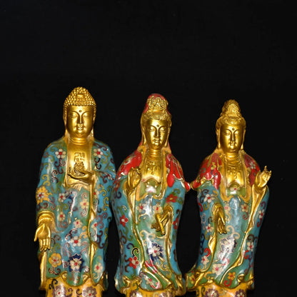 15"Tibetan Temple Collection Old Bronze Cloisonne Enamel Three Sages Guanyin Shakyamuni Buddha Worship Hall Town house