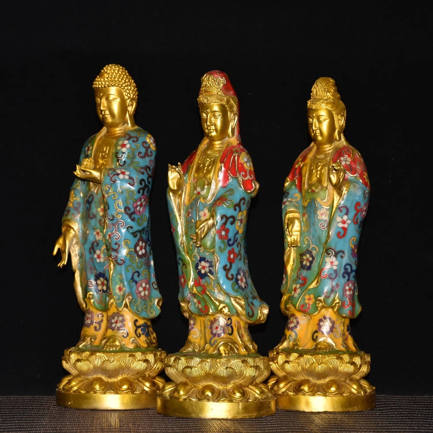 15"Tibetan Temple Collection Old Bronze Cloisonne Enamel Three Sages Guanyin Shakyamuni Buddha Worship Hall Town house