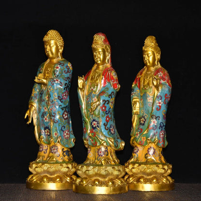 15"Tibetan Temple Collection Old Bronze Cloisonne Enamel Three Sages Guanyin Shakyamuni Buddha Worship Hall Town house