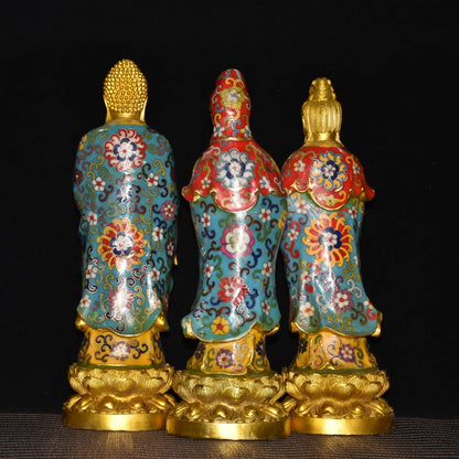 15"Tibetan Temple Collection Old Bronze Cloisonne Enamel Three Sages Guanyin Shakyamuni Buddha Worship Hall Town house