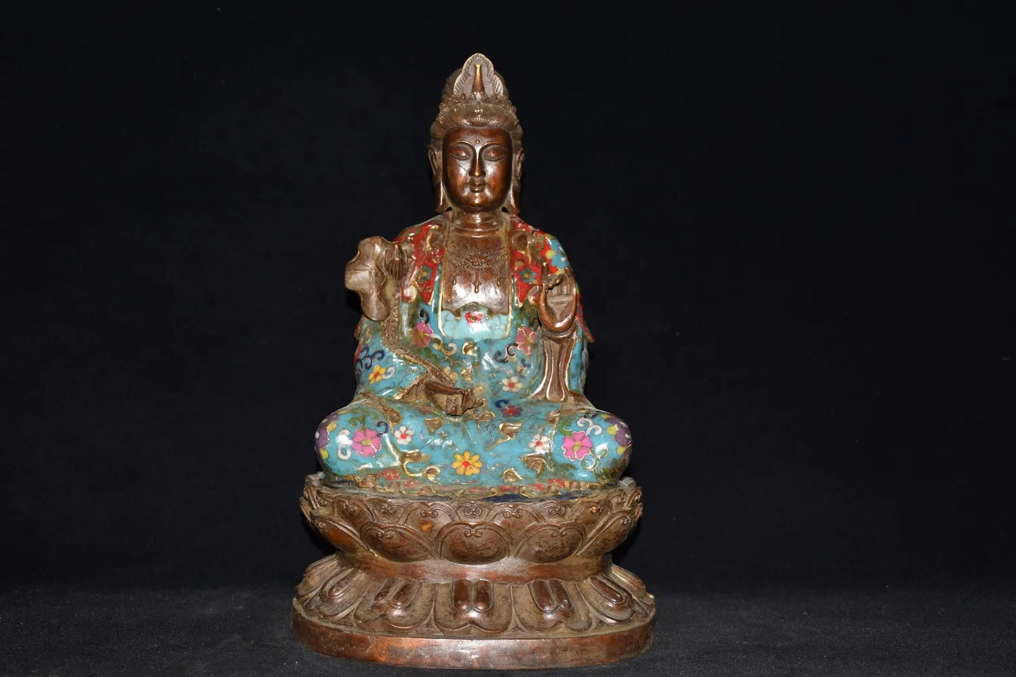 15"Tibetan Temple Collection Old Bronze Cloisonne Enamel lotus Avalokitesvara Buddha lotus platform Sitting Buddha Town house