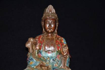 15"Tibetan Temple Collection Old Bronze Cloisonne Enamel lotus Avalokitesvara Buddha lotus platform Sitting Buddha Town house