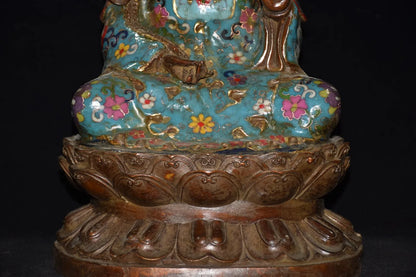15"Tibetan Temple Collection Old Bronze Cloisonne Enamel lotus Avalokitesvara Buddha lotus platform Sitting Buddha Town house
