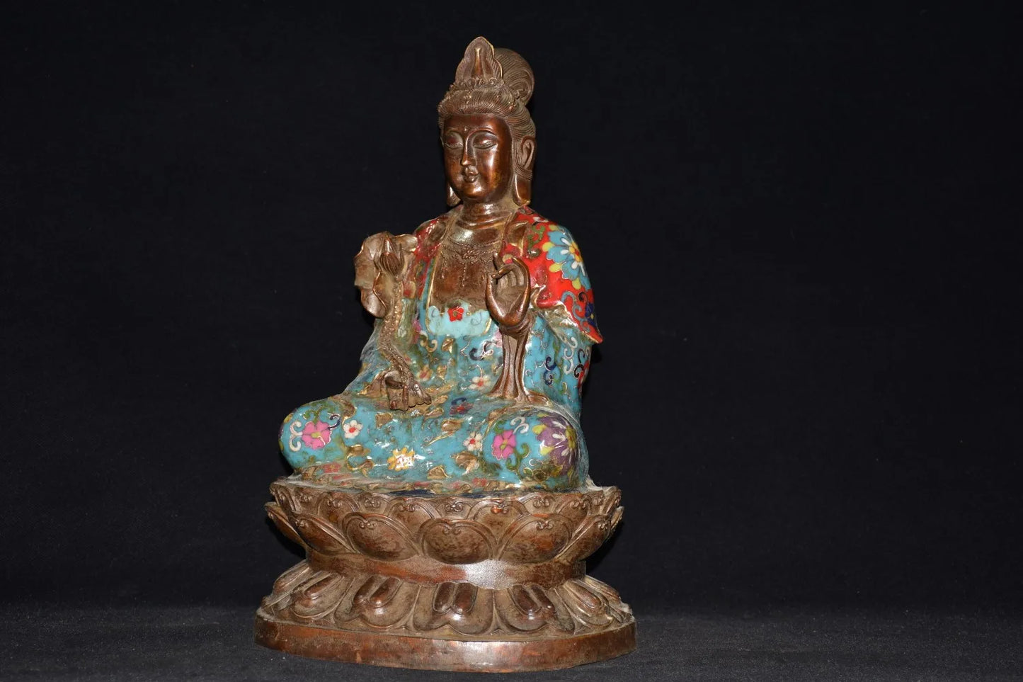 15"Tibetan Temple Collection Old Bronze Cloisonne Enamel lotus Avalokitesvara Buddha lotus platform Sitting Buddha Town house