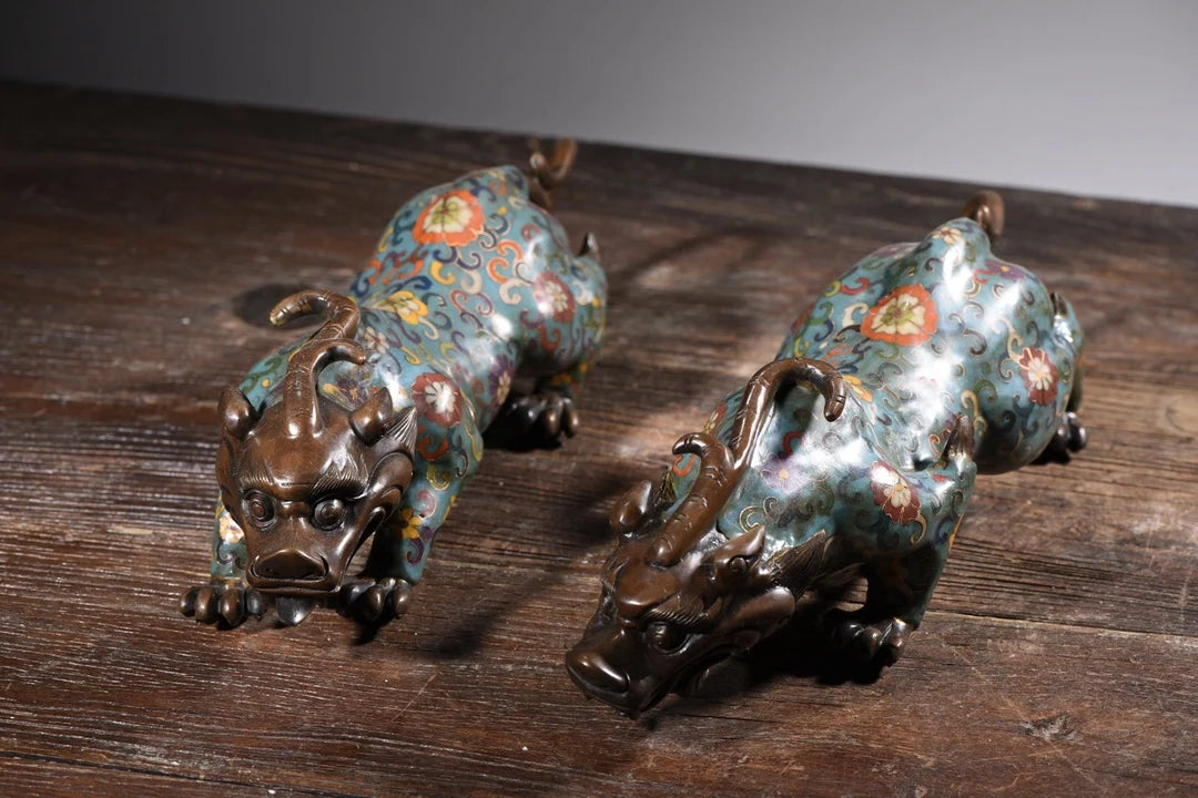 15"Tibetan Temple Collection Old Bronze Cloisonne Enamel unicorn auspicious beast a pair Gather fortune ornament Town House