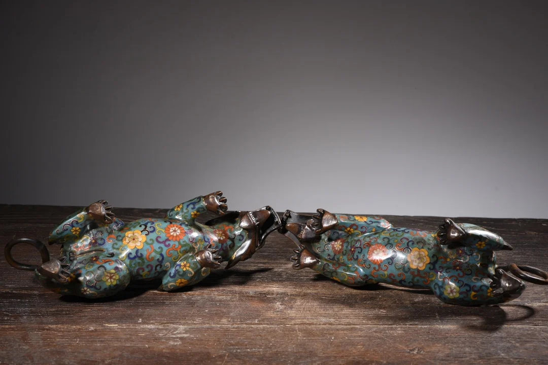15"Tibetan Temple Collection Old Bronze Cloisonne Enamel unicorn auspicious beast a pair Gather fortune ornament Town House