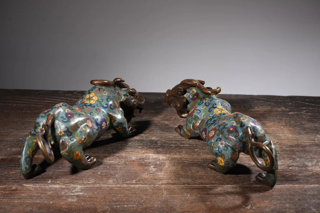15"Tibetan Temple Collection Old Bronze Cloisonne Enamel unicorn auspicious beast a pair Gather fortune ornament Town House