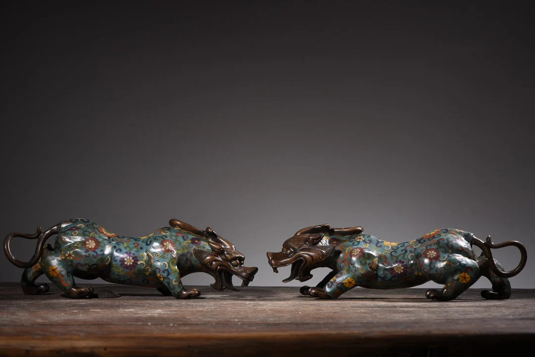 15"Tibetan Temple Collection Old Bronze Cloisonne Enamel unicorn auspicious beast a pair Gather fortune ornament Town House
