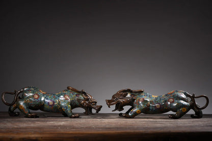 15"Tibetan Temple Collection Old Bronze Cloisonne Enamel unicorn auspicious beast a pair Gather fortune ornament Town House