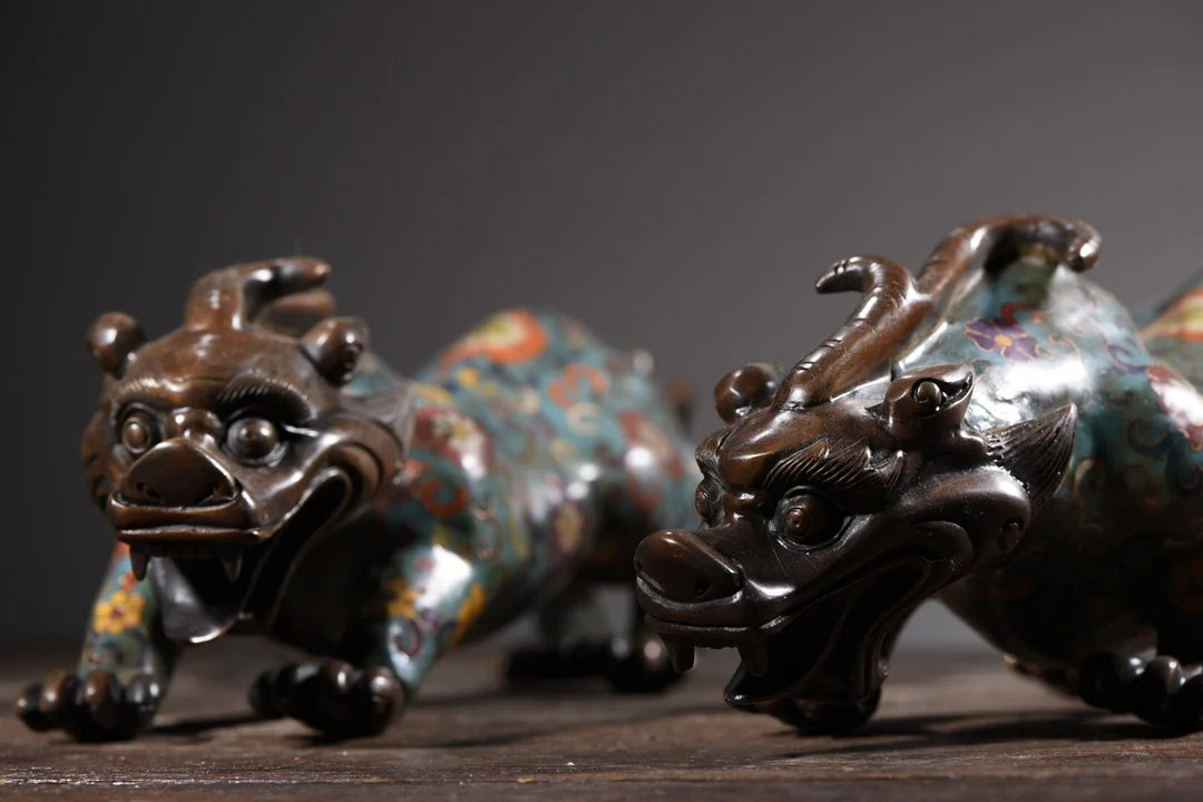15"Tibetan Temple Collection Old Bronze Cloisonne Enamel unicorn auspicious beast a pair Gather fortune ornament Town House