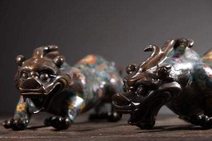 15"Tibetan Temple Collection Old Bronze Cloisonne Enamel unicorn auspicious beast a pair Gather fortune ornament Town House