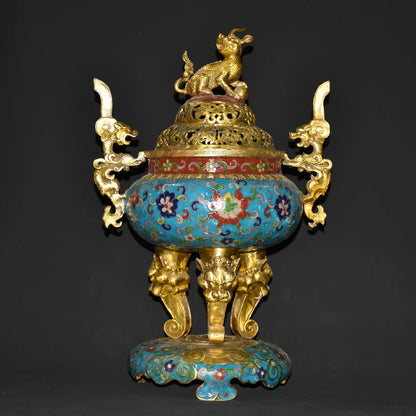15"Tibetan Temple Collection Old Bronze Cloisonne Gilt Kirin Dragon Ear three-legged incense burner Gather fortune ornament