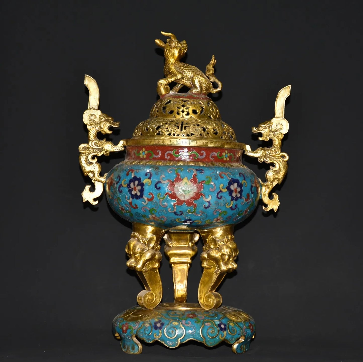 15"Tibetan Temple Collection Old Bronze Cloisonne Gilt Kirin Dragon Ear three-legged incense burner Gather fortune ornament