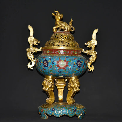 15"Tibetan Temple Collection Old Bronze Cloisonne Gilt Kirin Dragon Ear three-legged incense burner Gather fortune ornament