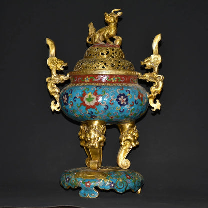 15"Tibetan Temple Collection Old Bronze Cloisonne Gilt Kirin Dragon Ear three-legged incense burner Gather fortune ornament