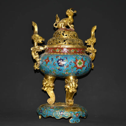 15"Tibetan Temple Collection Old Bronze Cloisonne Gilt Kirin Dragon Ear three-legged incense burner Gather fortune ornament