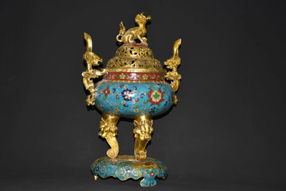 15"Tibetan Temple Collection Old Bronze Cloisonne Gilt Kirin Dragon Ear three-legged incense burner Gather fortune ornament