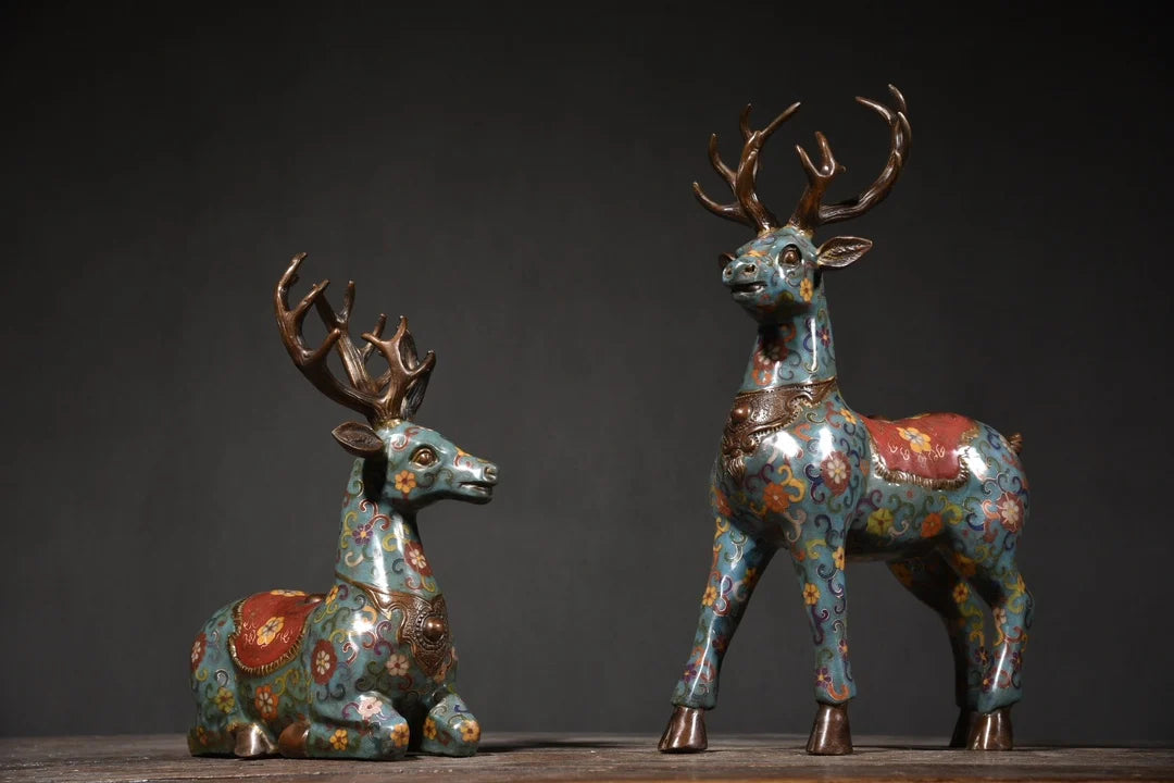15"Tibetan Temple Collection Old Bronze Cloisonne Spirit Deer Sika Deer Long-lived deer A pair Ornaments Amass wealth Town House