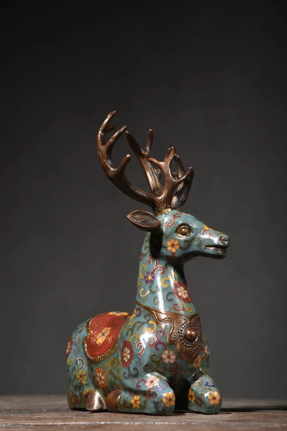 15"Tibetan Temple Collection Old Bronze Cloisonne Spirit Deer Sika Deer Long-lived deer A pair Ornaments Amass wealth Town House