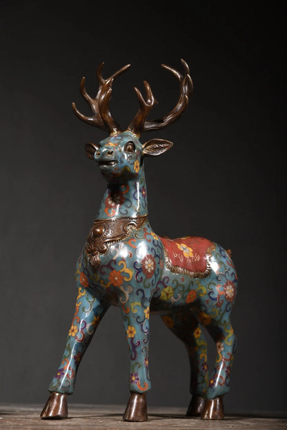 15"Tibetan Temple Collection Old Bronze Cloisonne Spirit Deer Sika Deer Long-lived deer A pair Ornaments Amass wealth Town House