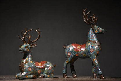 15"Tibetan Temple Collection Old Bronze Cloisonne Spirit Deer Sika Deer Long-lived deer A pair Ornaments Amass wealth Town House