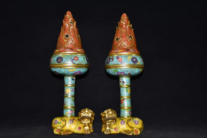 15"Tibetan Temple Collection Old Bronze Cloisonne flame lotus platform incense burner a pair worship ornament Town house