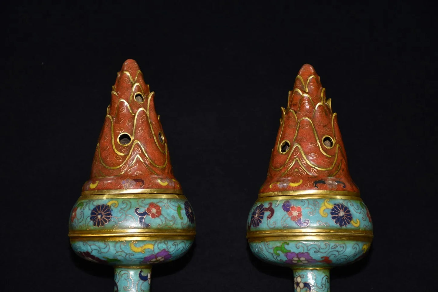 15"Tibetan Temple Collection Old Bronze Cloisonne flame lotus platform incense burner a pair worship ornament Town house