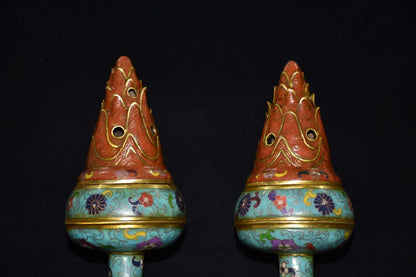 15"Tibetan Temple Collection Old Bronze Cloisonne flame lotus platform incense burner a pair worship ornament Town house
