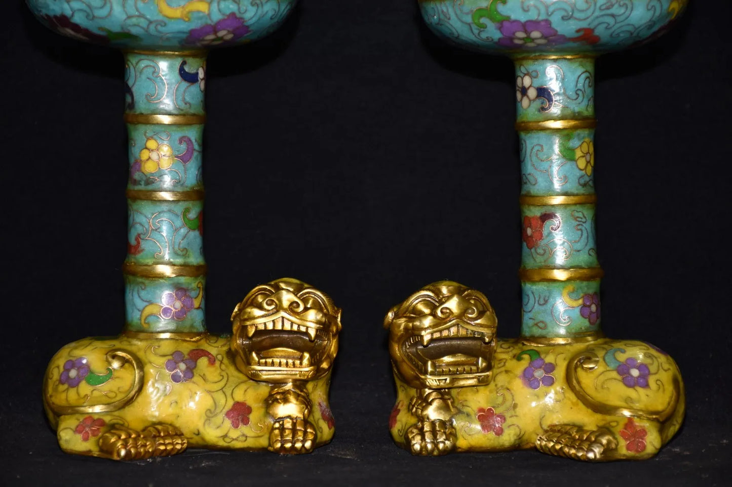 15"Tibetan Temple Collection Old Bronze Cloisonne flame lotus platform incense burner a pair worship ornament Town house