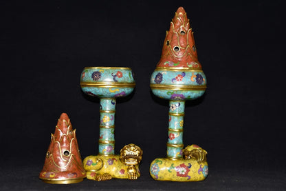 15"Tibetan Temple Collection Old Bronze Cloisonne flame lotus platform incense burner a pair worship ornament Town house