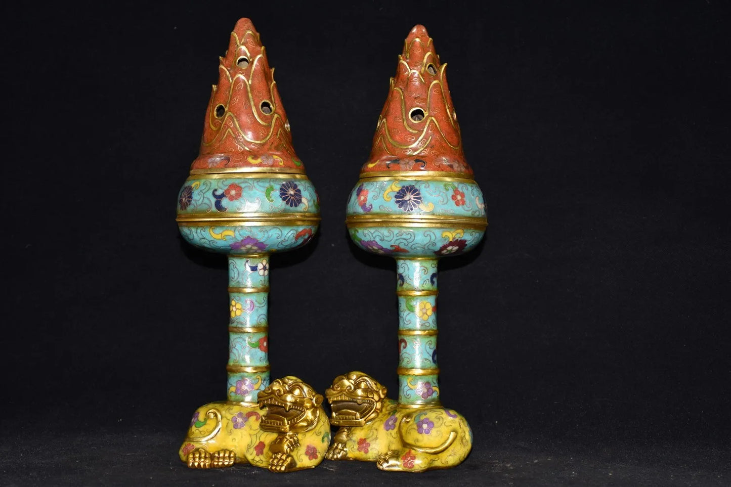 15"Tibetan Temple Collection Old Bronze Cloisonne flame lotus platform incense burner a pair worship ornament Town house
