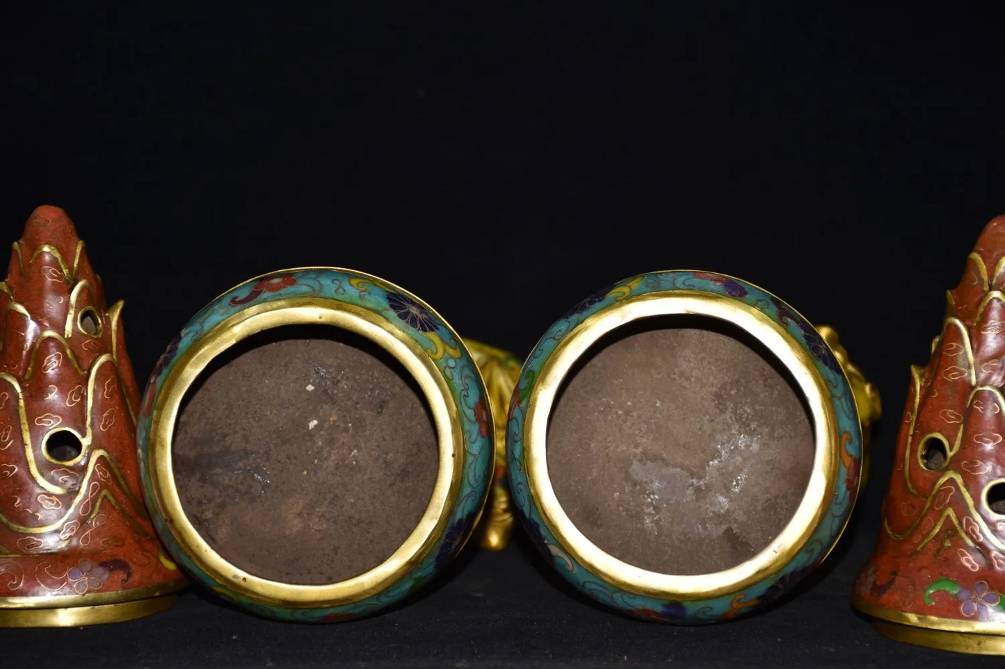 15"Tibetan Temple Collection Old Bronze Cloisonne flame lotus platform incense burner a pair worship ornament Town house