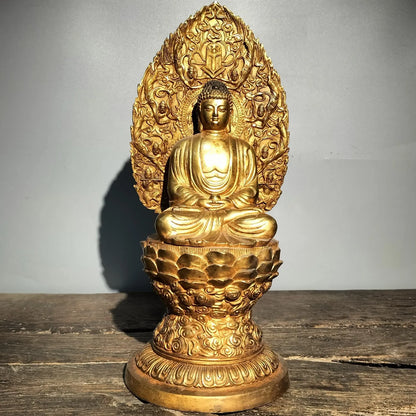 15"Tibetan Temple Collection Old Bronze Gilt Backlight Shakyamuni Buddha Buddha Terrace Worship Hall Town house Exorcism