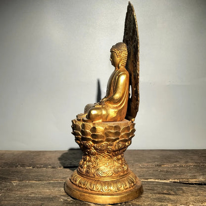 15"Tibetan Temple Collection Old Bronze Gilt Backlight Shakyamuni Buddha Buddha Terrace Worship Hall Town house Exorcism